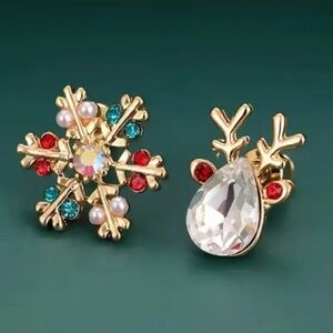 Mismatched Crystal Reindeer Snowflake Stud Earrings Christmas Holiday